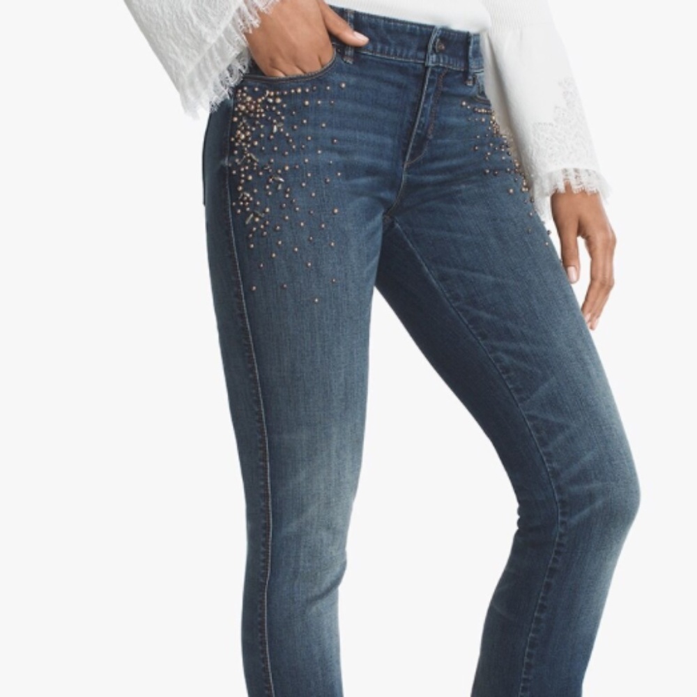 WHBM HR Embellished Skinny Flare Jeans  Medium wash sz 2s - Picture 3 of 7